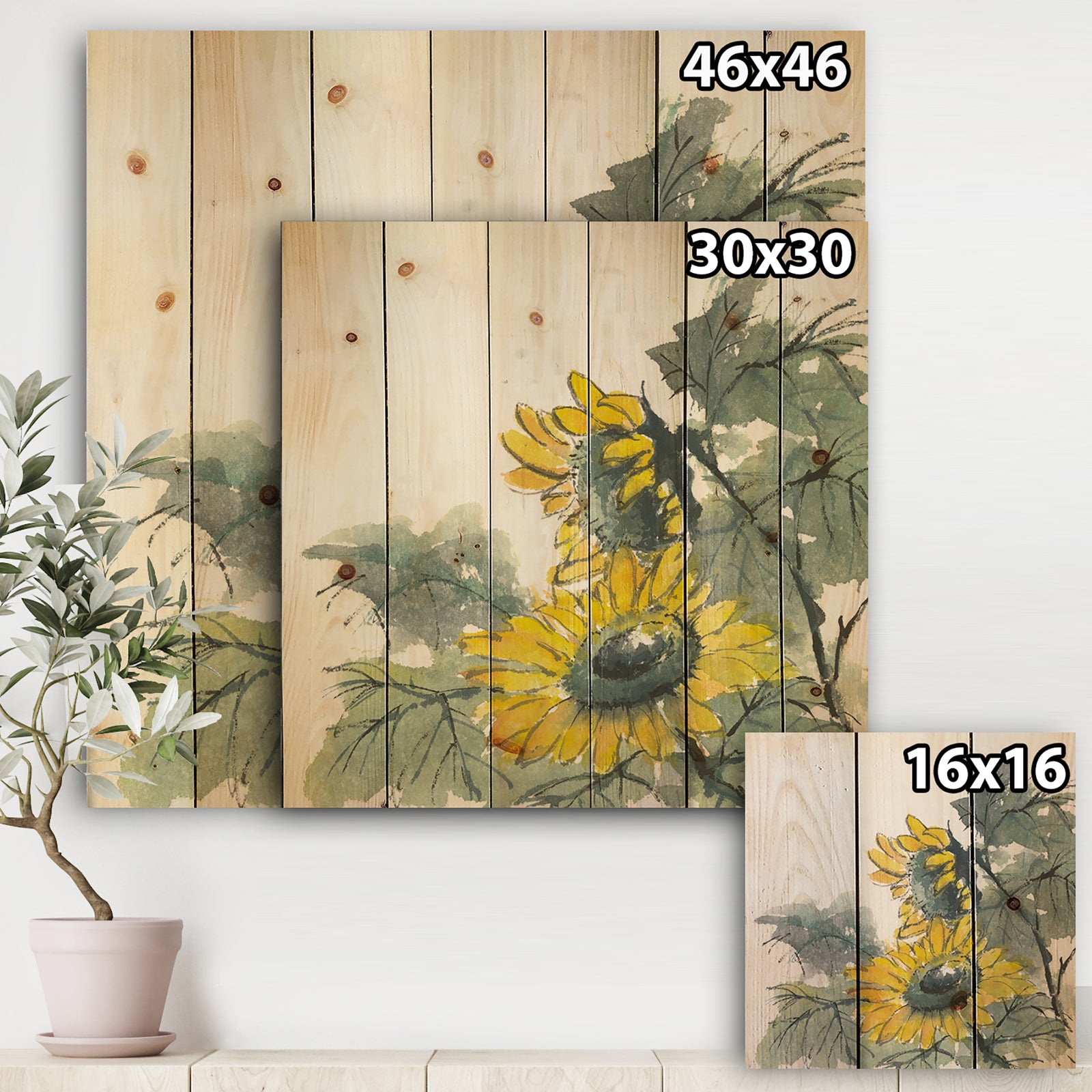 Tradionnal Sunflower II - Cabin & Lodge Print on Natural Pine Wood