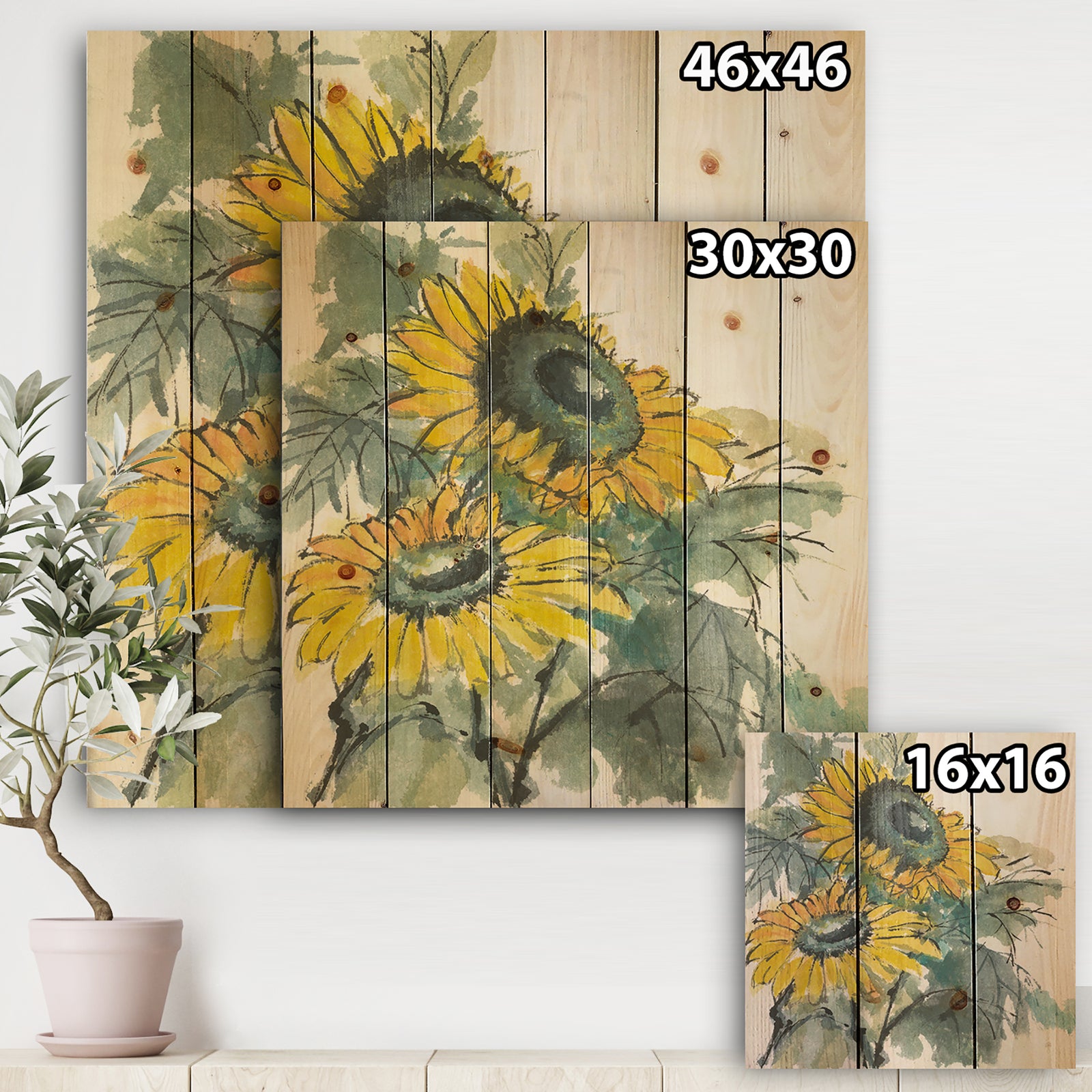 Tradionnal Sunflower I - Cabin & Lodge Print on Natural Pine Wood