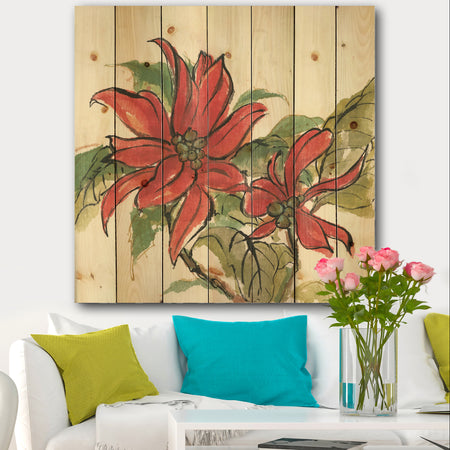 Poinsettia II - Farmhouse Print on Natural Pine Wood