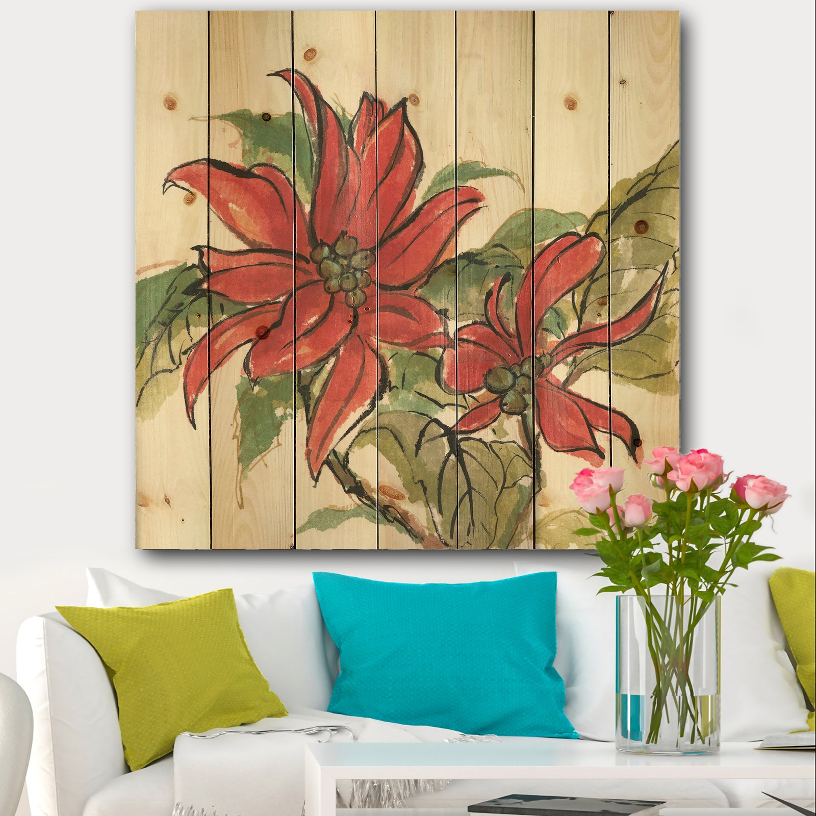 Poinsettia II - Farmhouse Print on Natural Pine Wood
