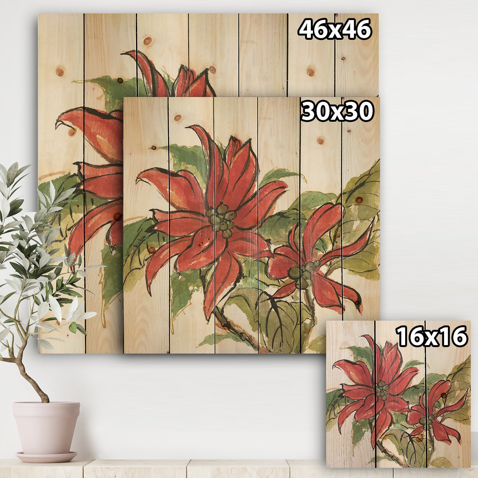 Poinsettia II - Farmhouse Print on Natural Pine Wood