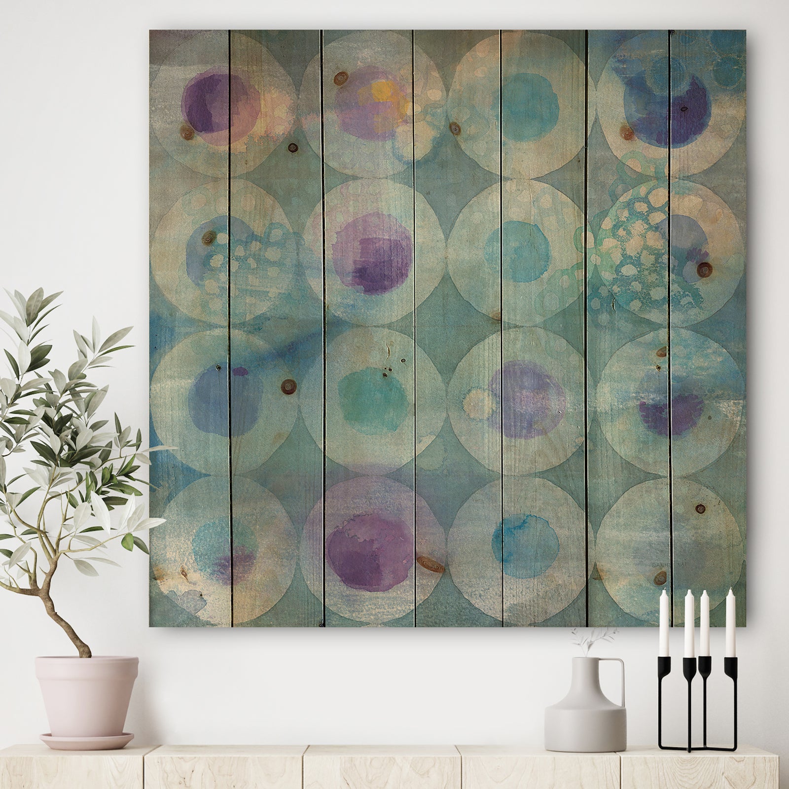 Watercolor Geometrical Circles II - Mid-Century Modern Print on Natural Pine Wood