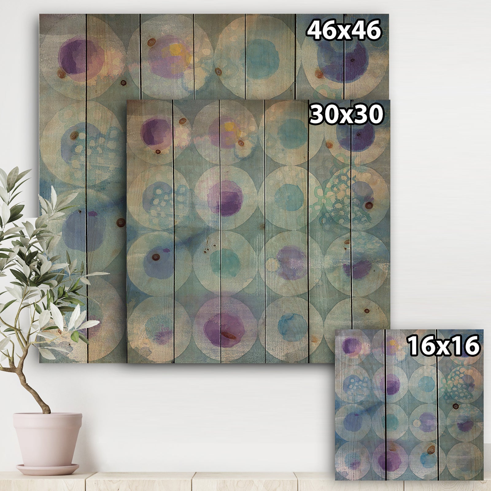 Watercolor Geometrical Circles II - Mid-Century Modern Print on Natural Pine Wood