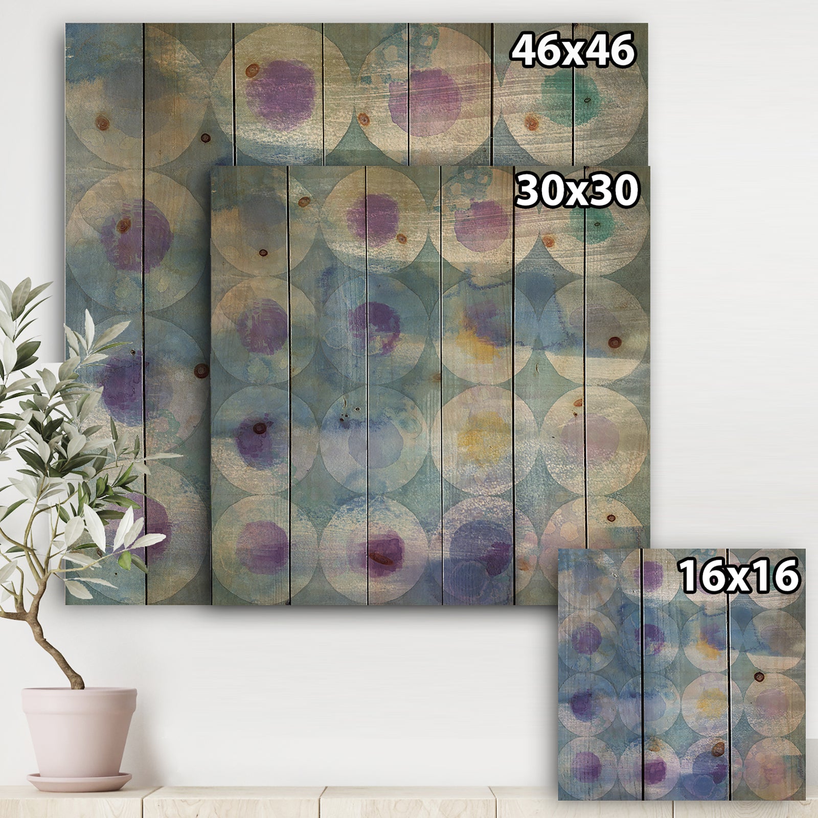 Watercolor Geometrical Circles I - Mid-Century Modern Print on Natural Pine Wood