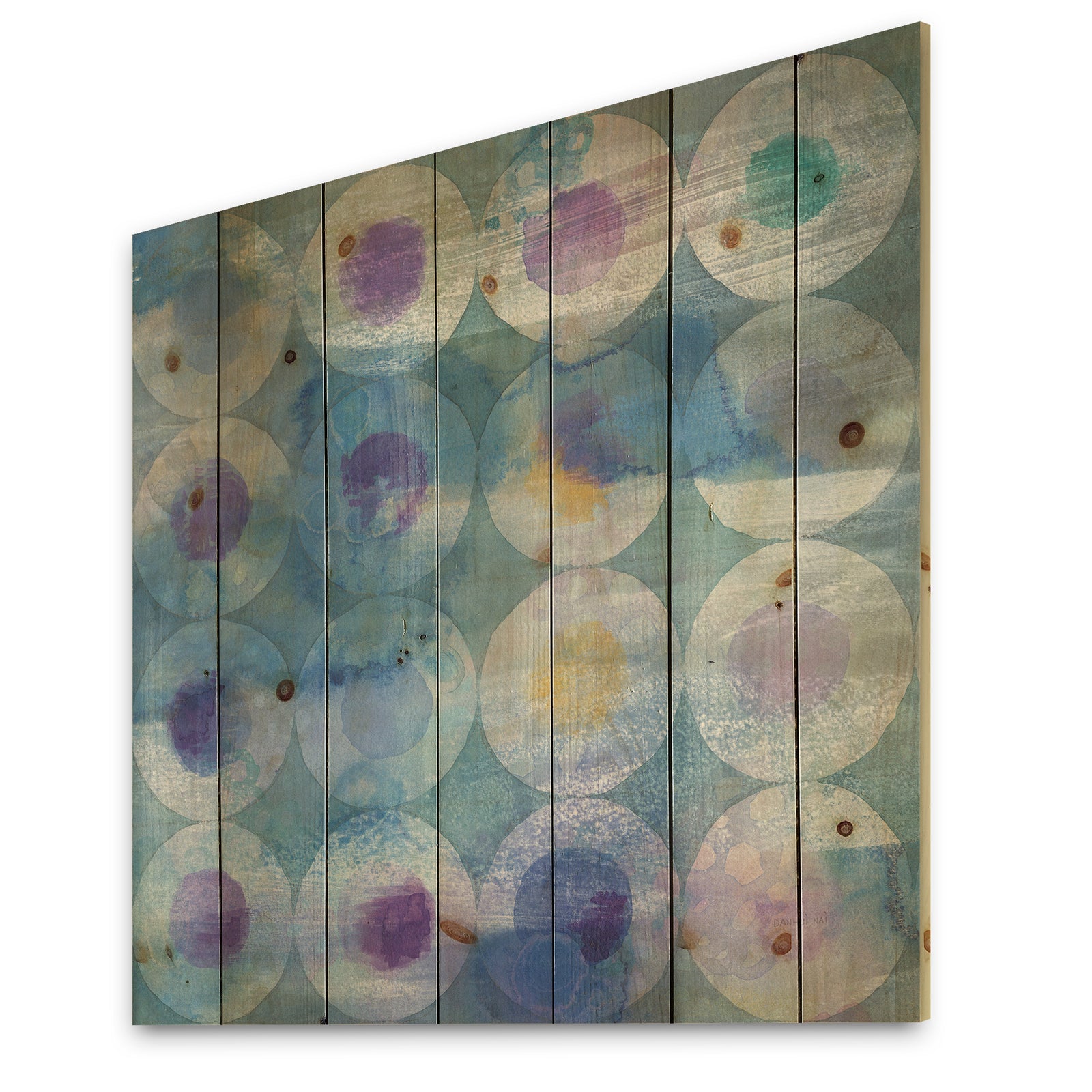 Watercolor Geometrical Circles I - Mid-Century Modern Print on Natural Pine Wood