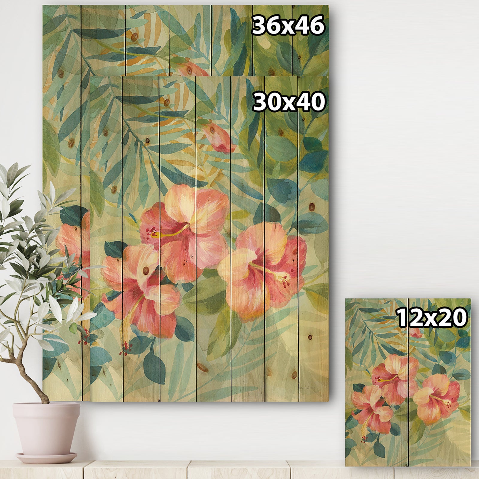 Hibiscus Garden III - Traditional Print on Natural Pine Wood