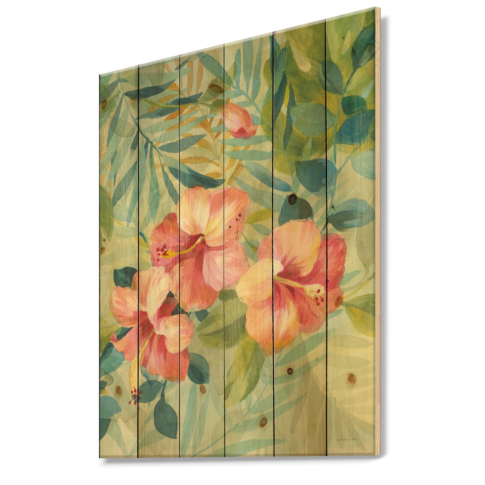 Hibiscus Garden III - Traditional Print on Natural Pine Wood