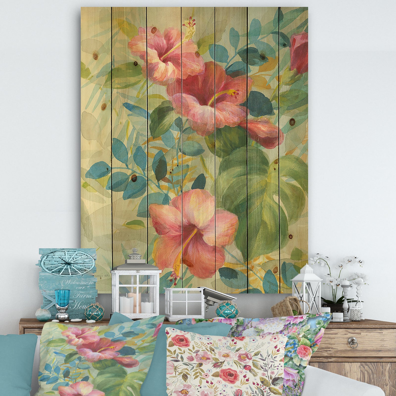 Hibiscus Garden II - Traditional Print on Natural Pine Wood