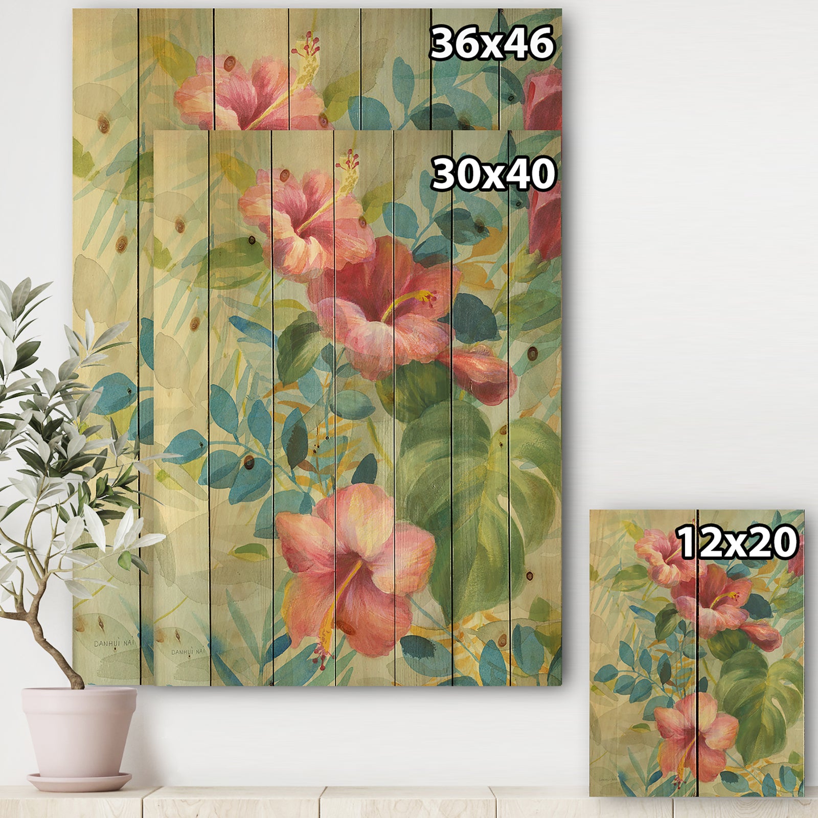 Hibiscus Garden II - Traditional Print on Natural Pine Wood
