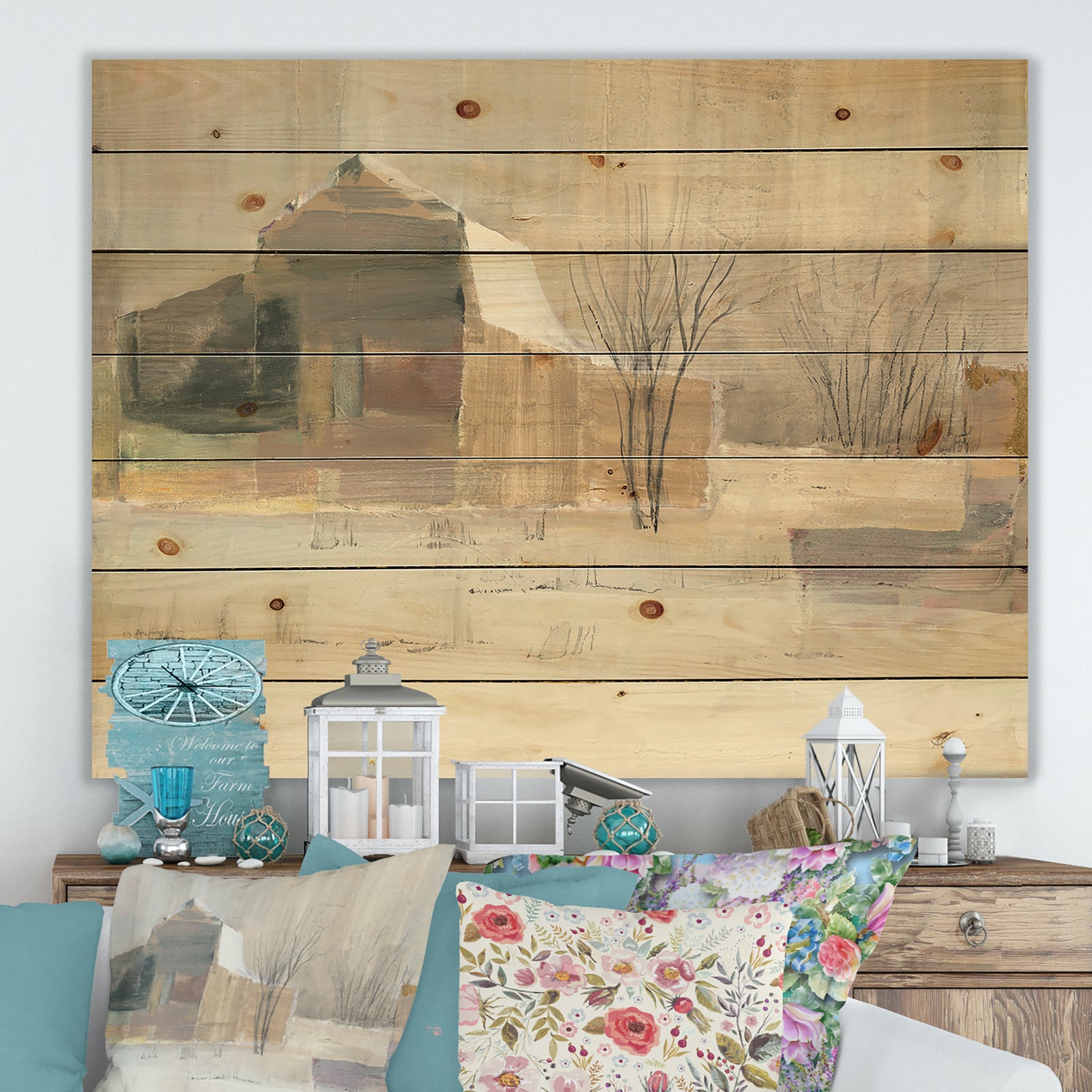Porch & Den Winter on the Farm house - Landscape Print on Natural Pine Wood