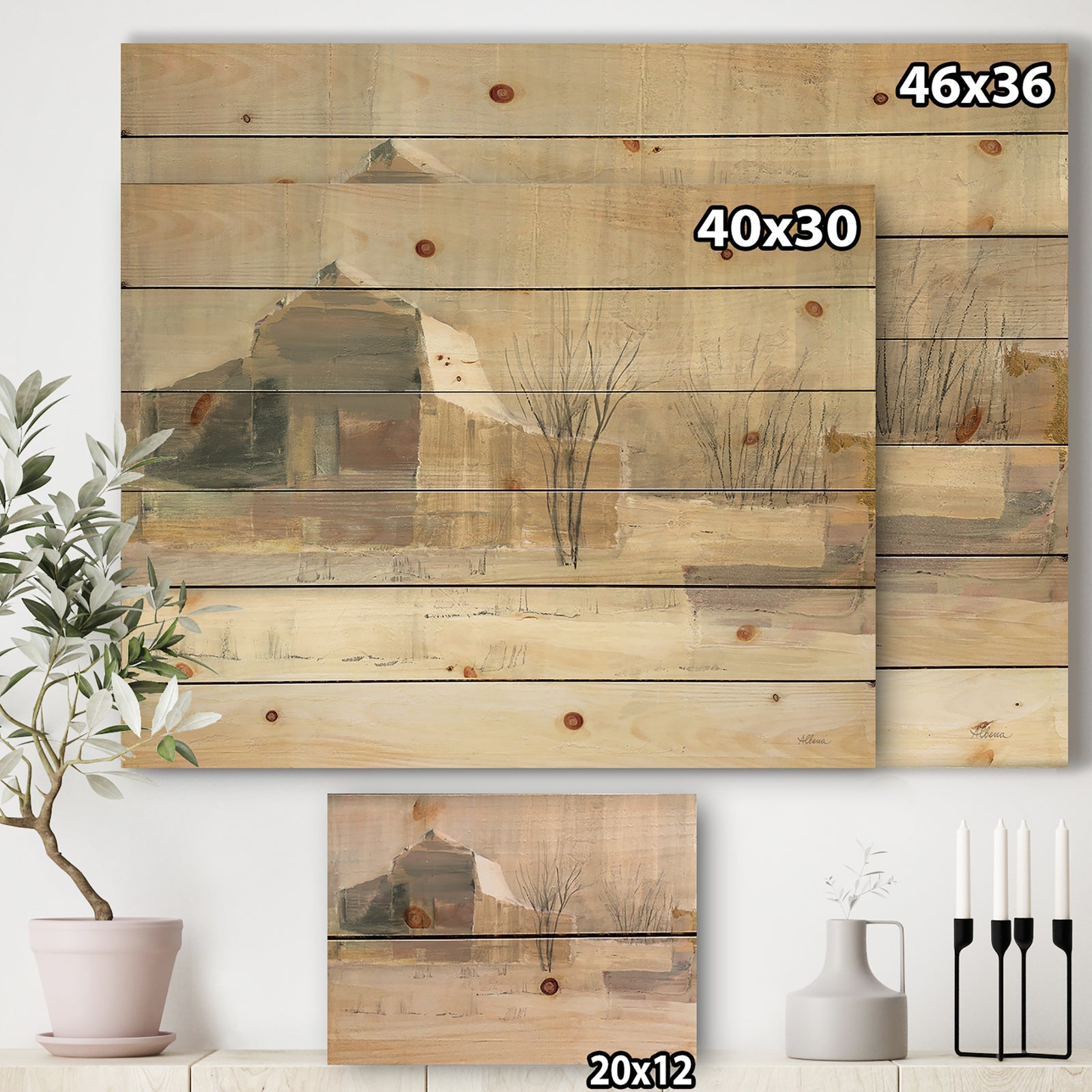 Porch & Den Winter on the Farm house - Landscape Print on Natural Pine Wood