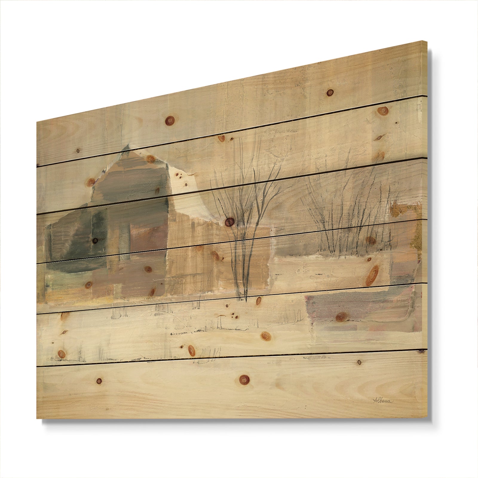 Porch & Den Winter on the Farm house - Landscape Print on Natural Pine Wood