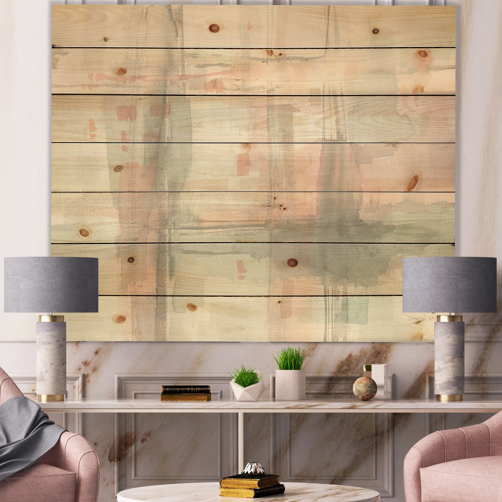 Intersect II Grey - Pink Modern Print on Natural Pine Wood