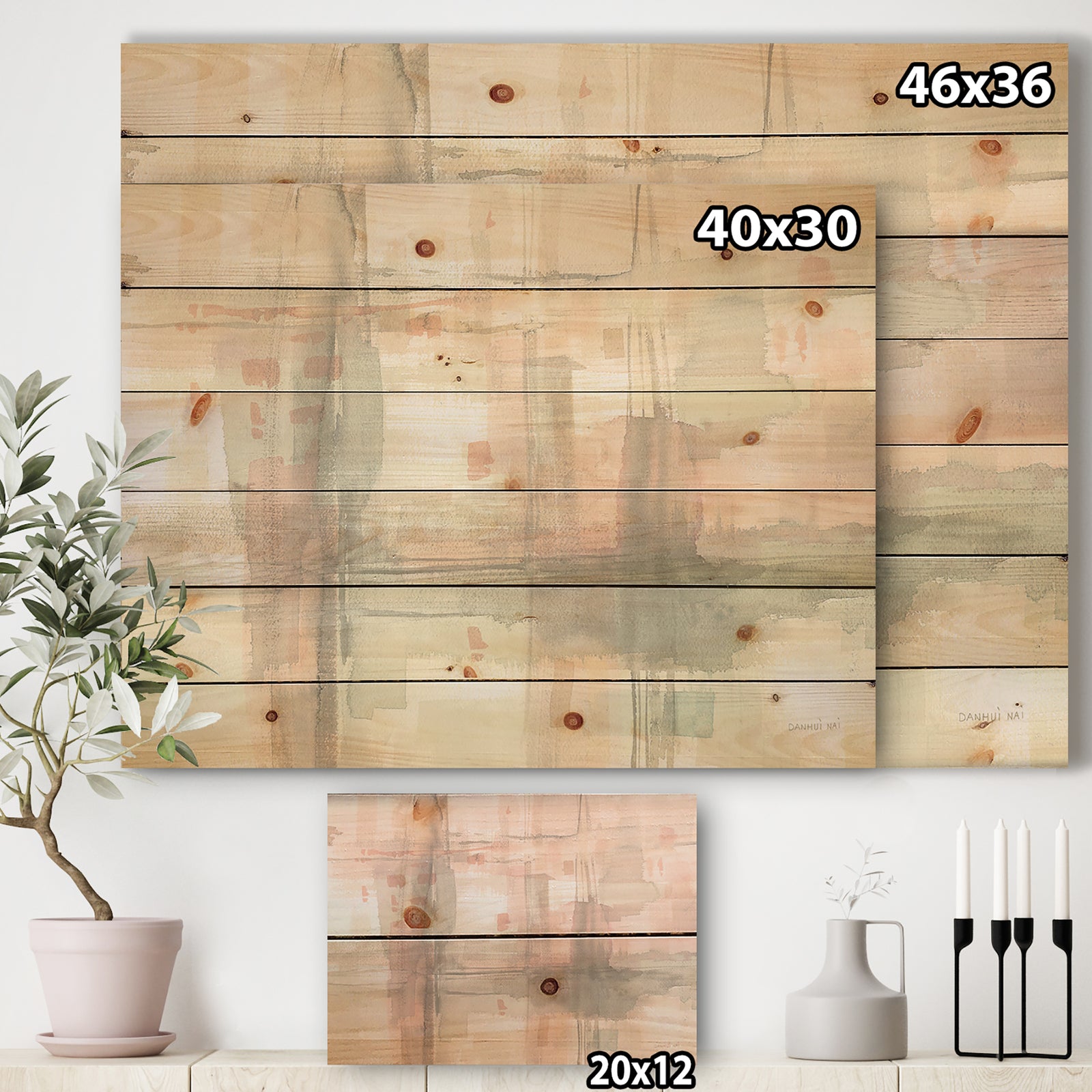Intersect II Grey - Pink Modern Print on Natural Pine Wood