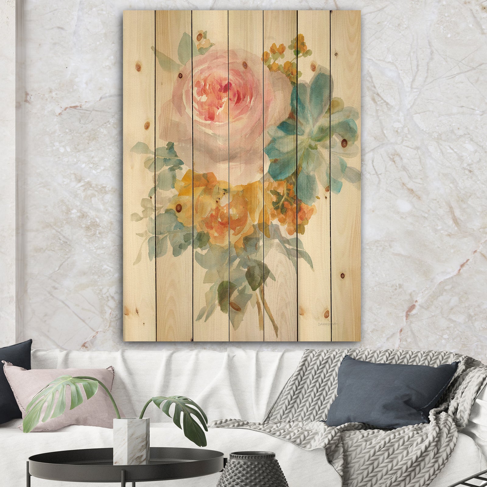Multicolor French Bouquet I - Farmhouse Print on Natural Pine Wood