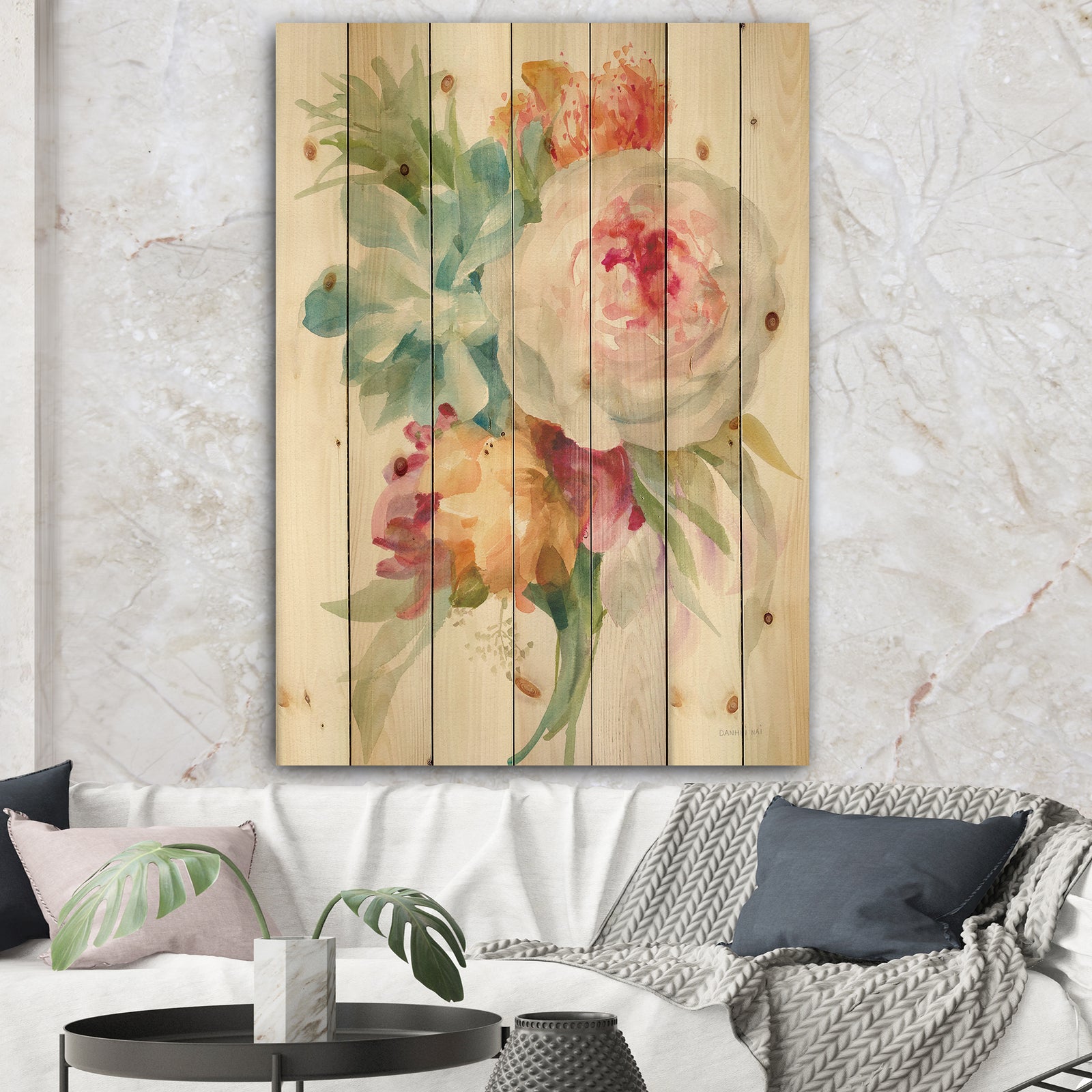 Multicolor French Bouquet II - Farmhouse Print on Natural Pine Wood