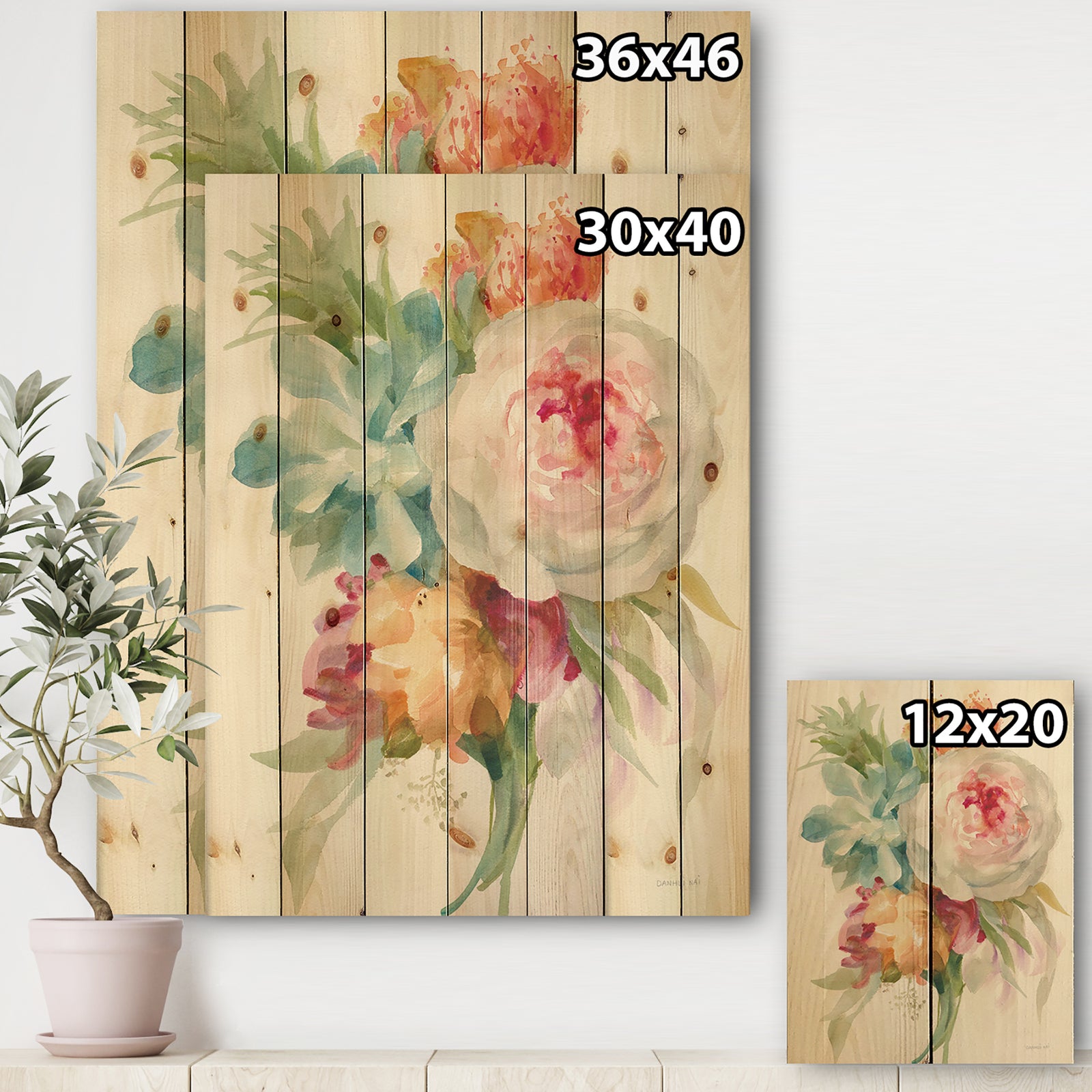 Multicolor French Bouquet II - Farmhouse Print on Natural Pine Wood