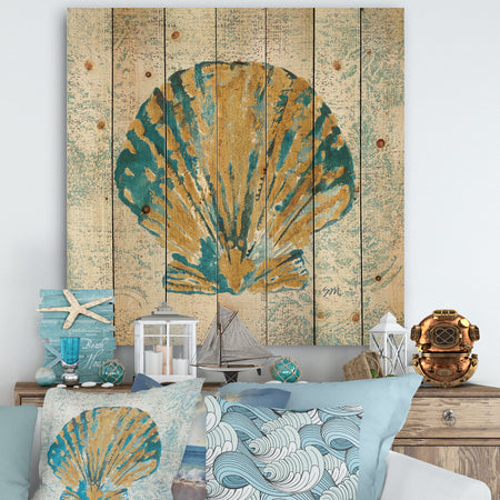 Coastal Pastel seashells I - Vintage Nautical Print on Natural Pine Wood