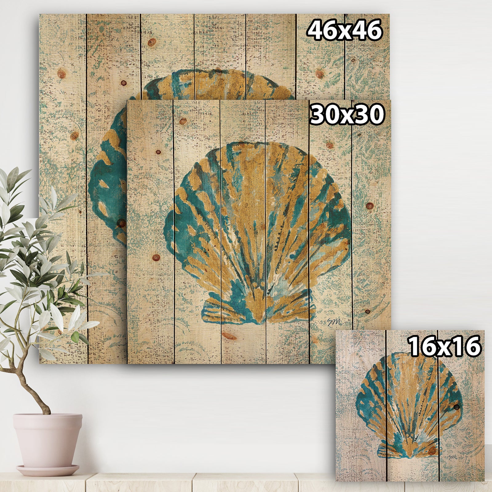 Coastal Pastel seashells I - Vintage Nautical Print on Natural Pine Wood