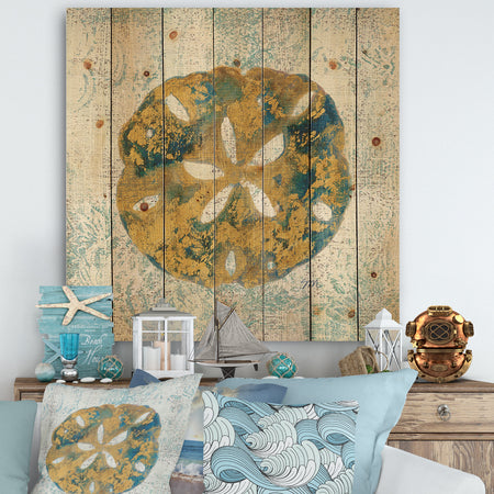 Coastal Pastel seashells II - Vintage Nautical Print on Natural Pine Wood