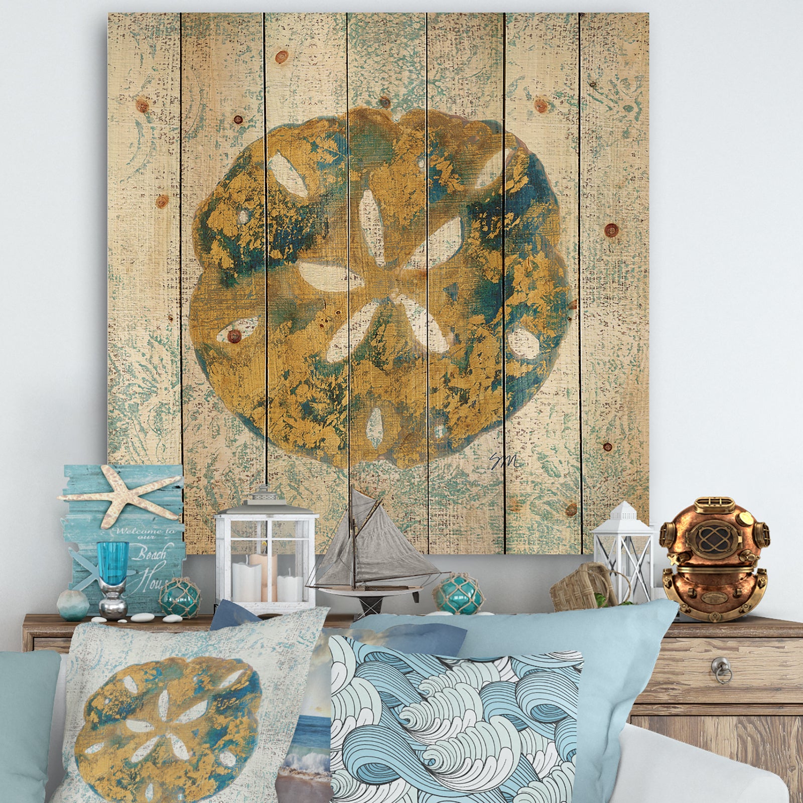 Coastal Pastel seashells II - Vintage Nautical Print on Natural Pine Wood