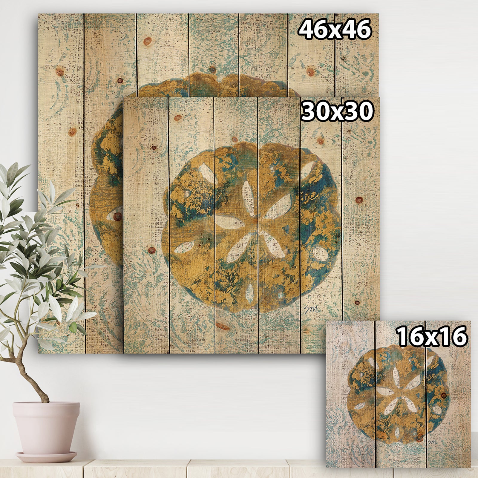 Coastal Pastel seashells II - Vintage Nautical Print on Natural Pine Wood
