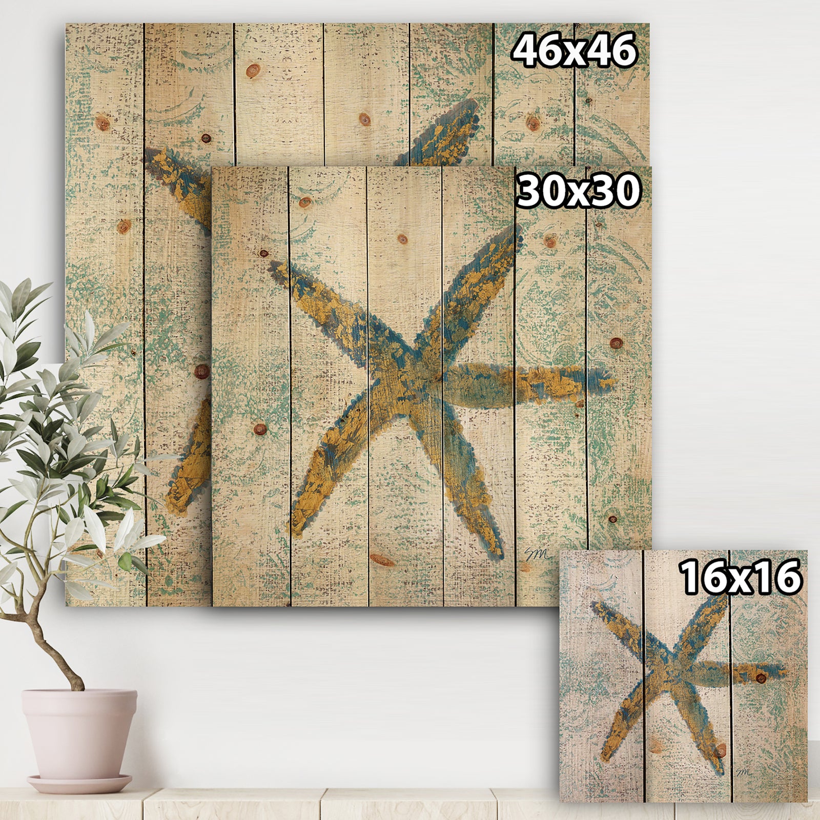 Coastal Pastel seashells III - Vintage Nautical Print on Natural Pine Wood