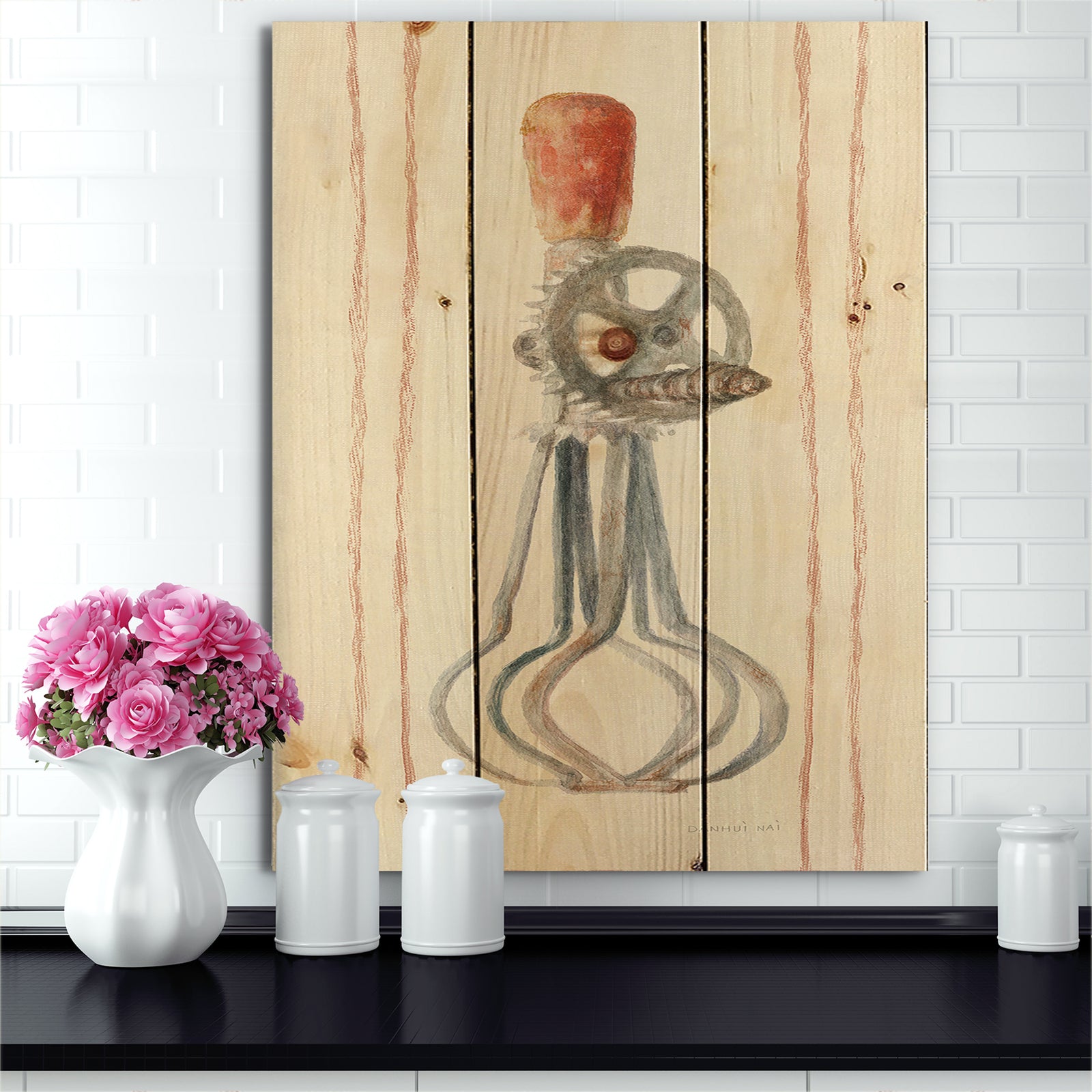 Farm Kitchen II - Kitchen Print on Natural Pine Wood