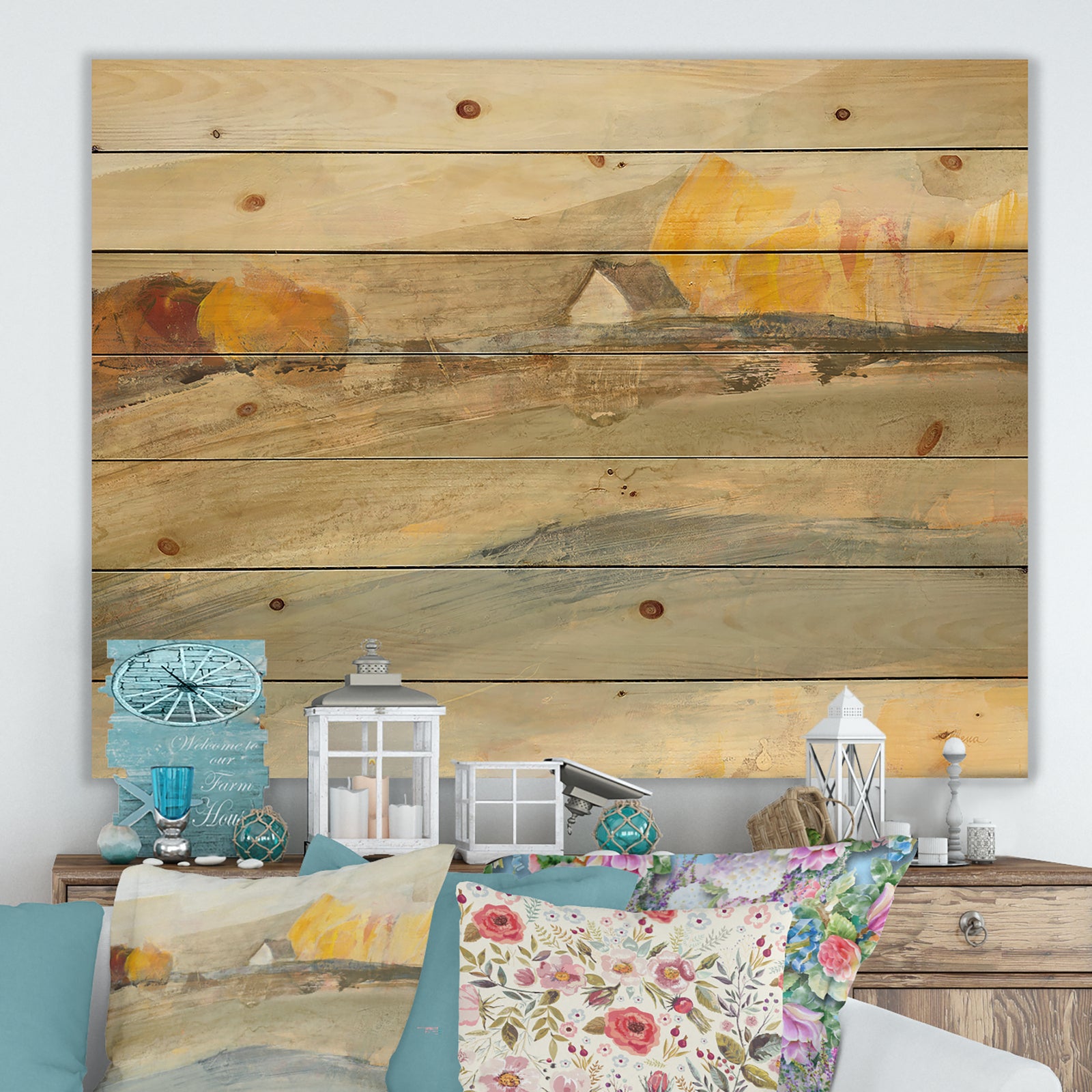 Orange Brown Farm House - Modern Farmhouse Print on Natural Pine Wood