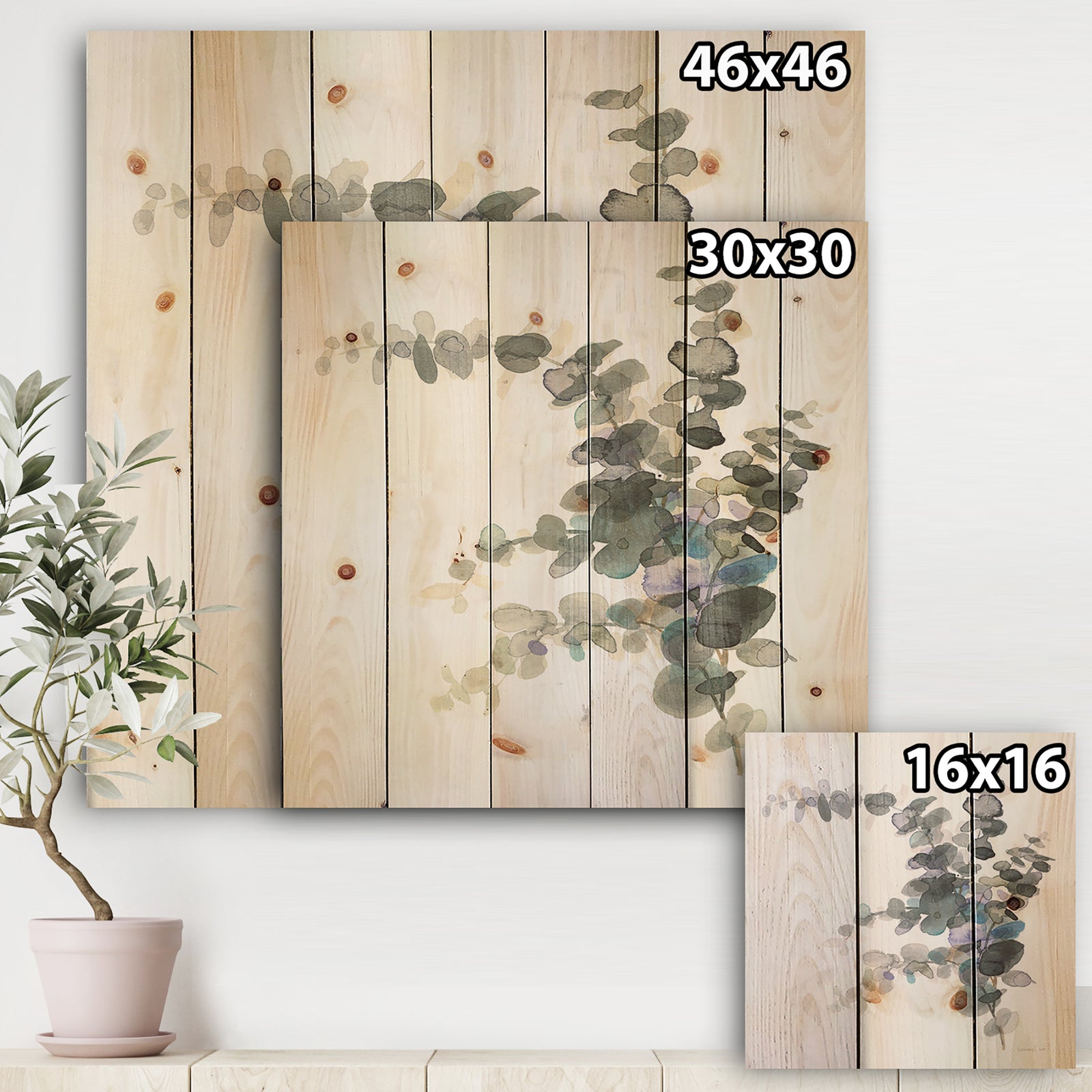 Grey Watercolor Flower III - Traditional Print on Natural Pine Wood