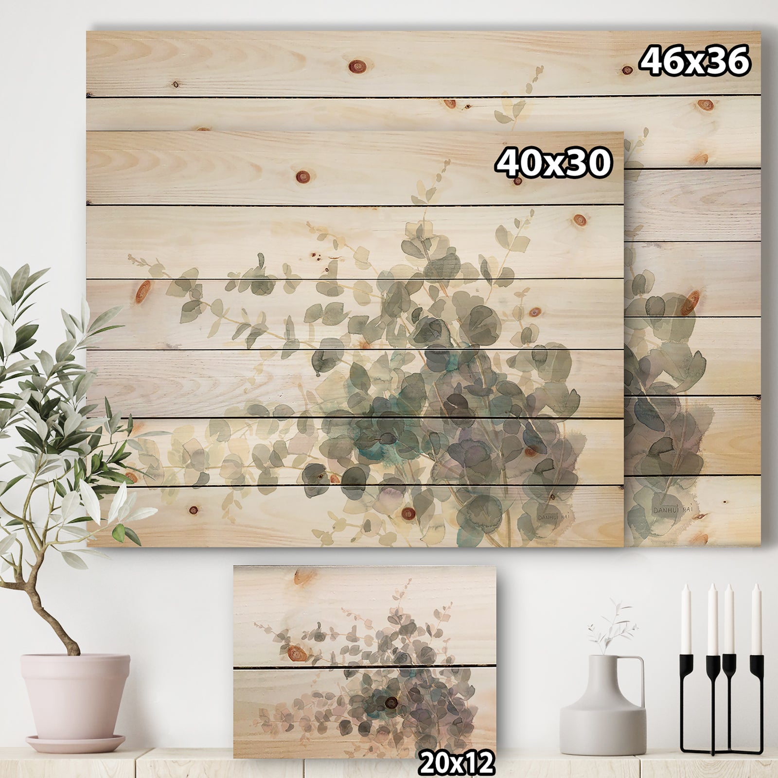 Grey Watercolor Flower II - Traditional Print on Natural Pine Wood