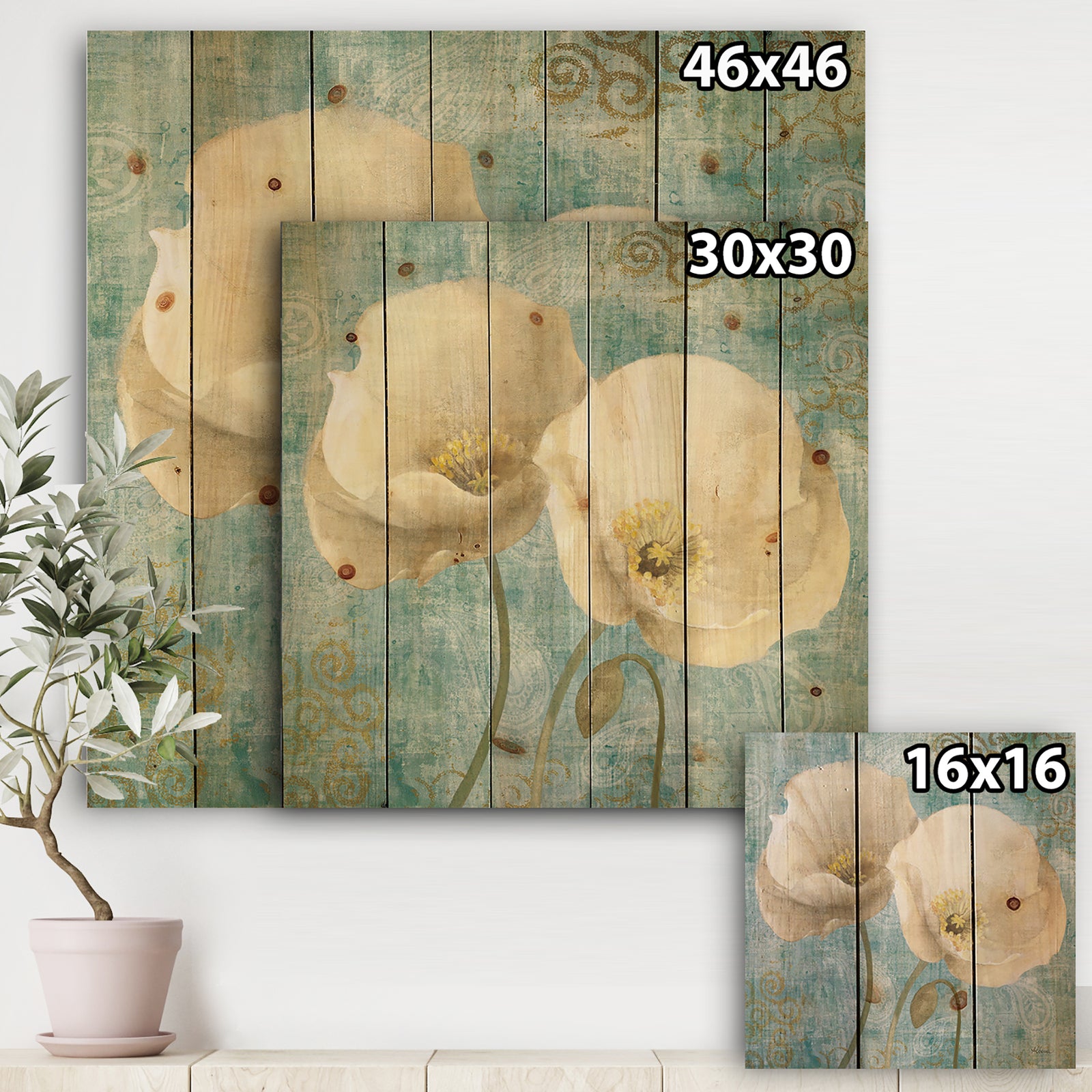 bouquet Poppies on Paisley II - Cottage Print on Natural Pine Wood