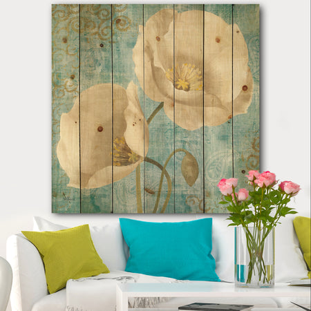 bouquet Poppies on Paisley I - Cottage Print on Natural Pine Wood