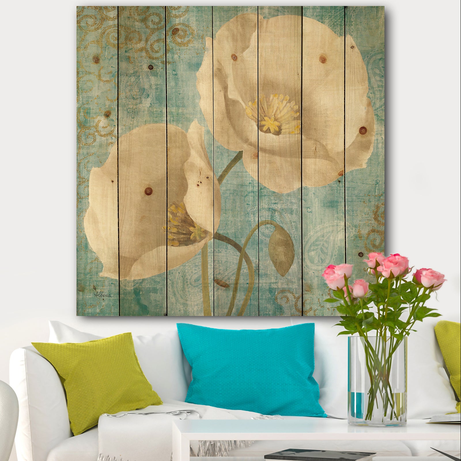 bouquet Poppies on Paisley I - Cottage Print on Natural Pine Wood