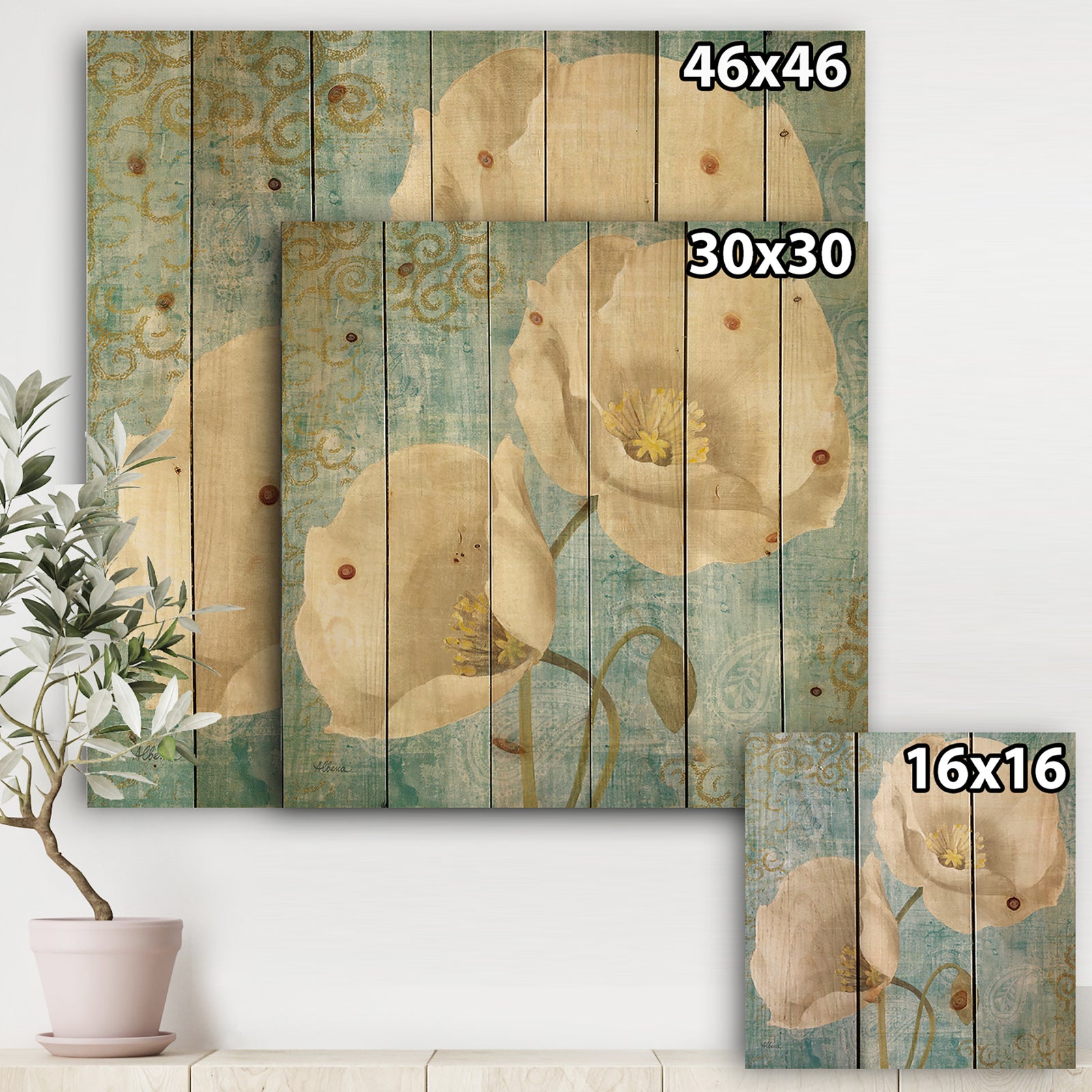 bouquet Poppies on Paisley I - Cottage Print on Natural Pine Wood