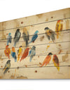 Multicolor Bird Meeting - Traditional Animal Print on Natural Pine Wood