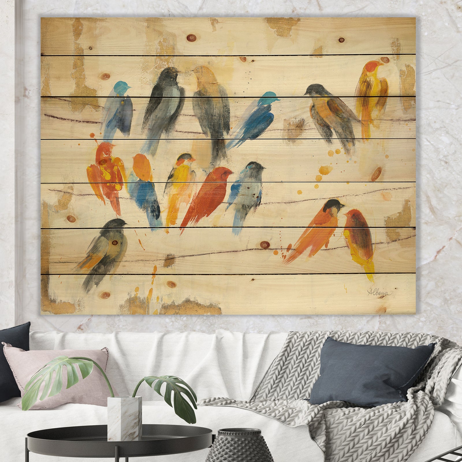 Multicolor Bird Meeting - Traditional Animal Print on Natural Pine Wood