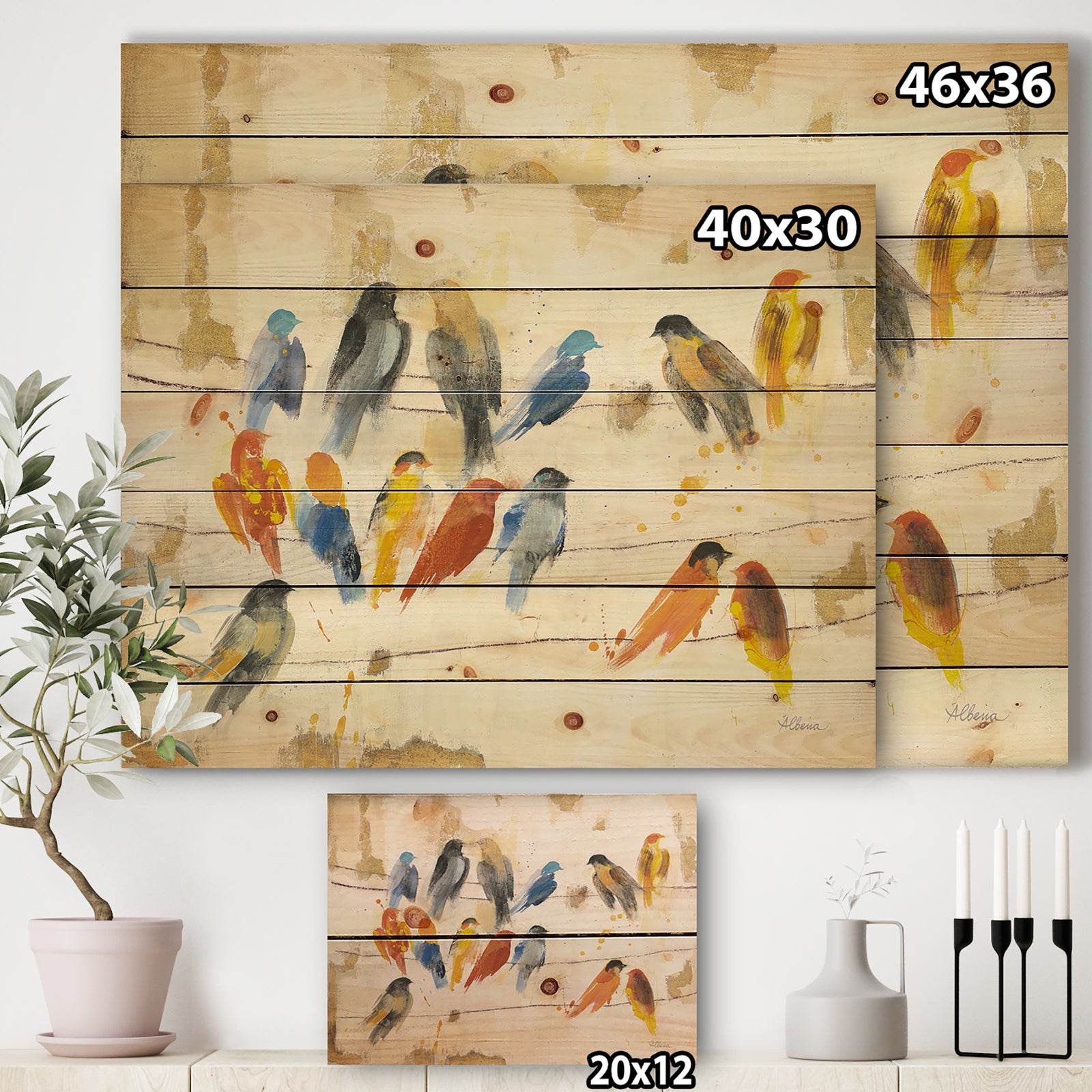 Multicolor Bird Meeting - Traditional Animal Print on Natural Pine Wood