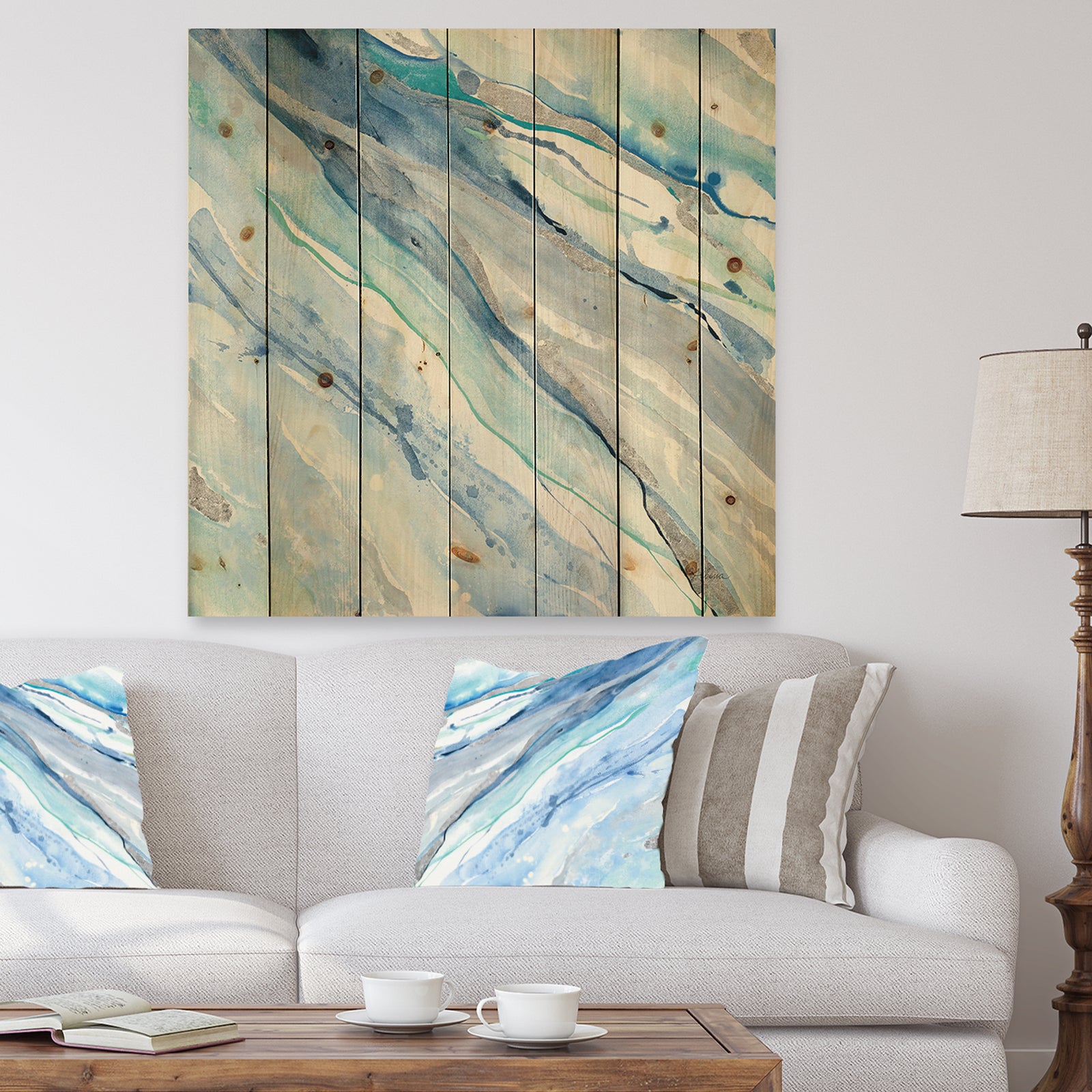 Blue Silver Spring II - Modern Lake House Print on Natural Pine Wood