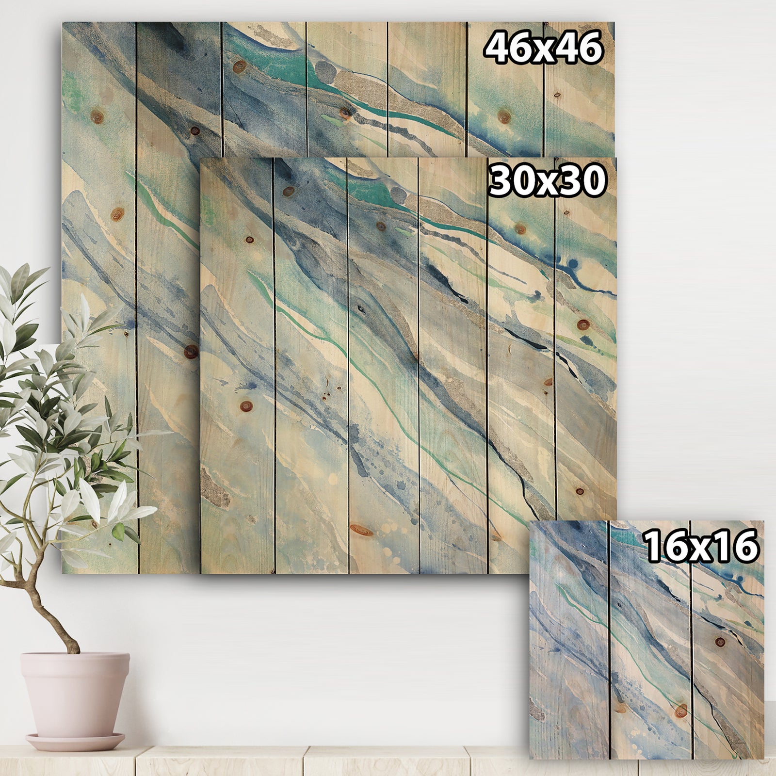 Blue Silver Spring II - Modern Lake House Print on Natural Pine Wood