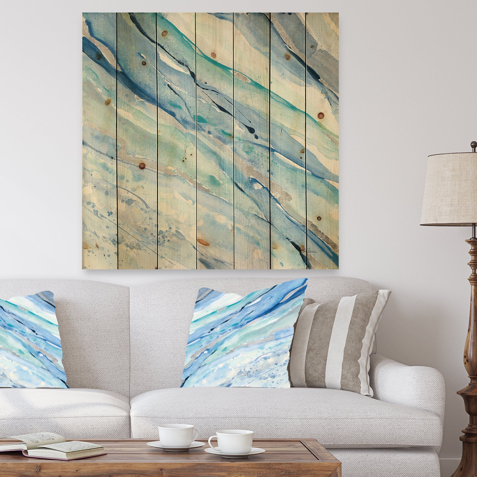 Blue Silver Spring I - Modern Lake House Print on Natural Pine Wood