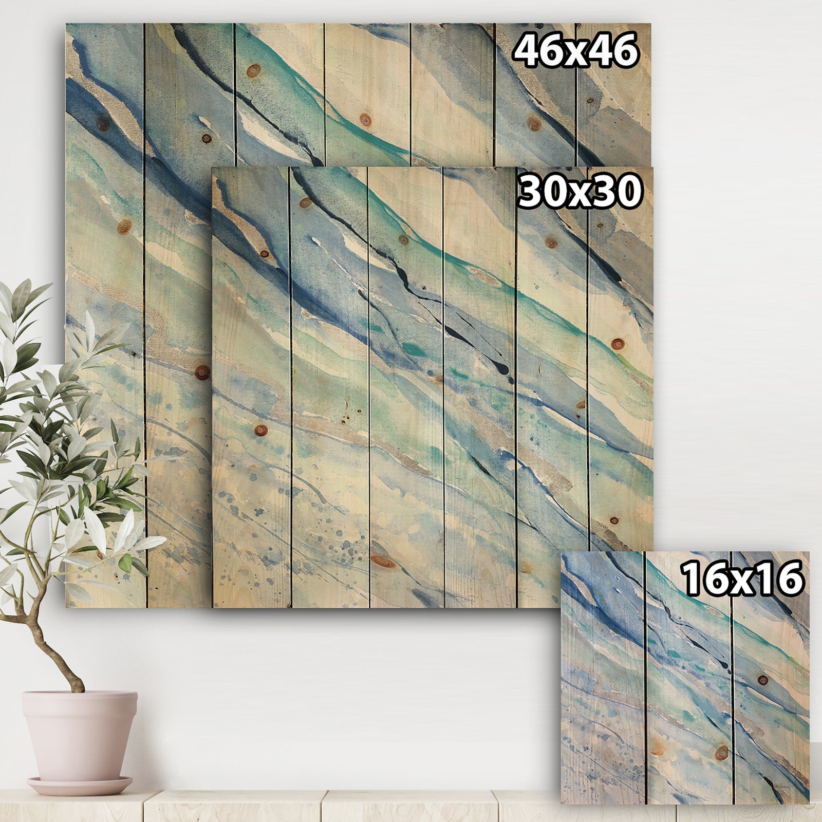 Blue Silver Spring I - Modern Lake House Print on Natural Pine Wood