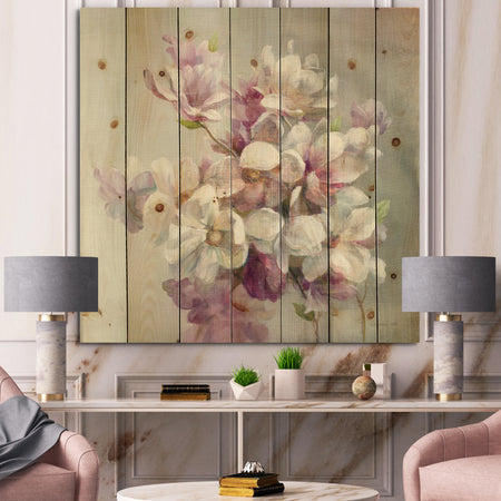 Pink Magnolia Flowers - Shabby Chic Print on Natural Pine Wood