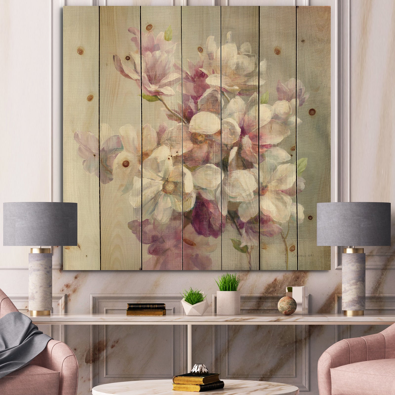 Pink Magnolia Flowers - Shabby Chic Print on Natural Pine Wood