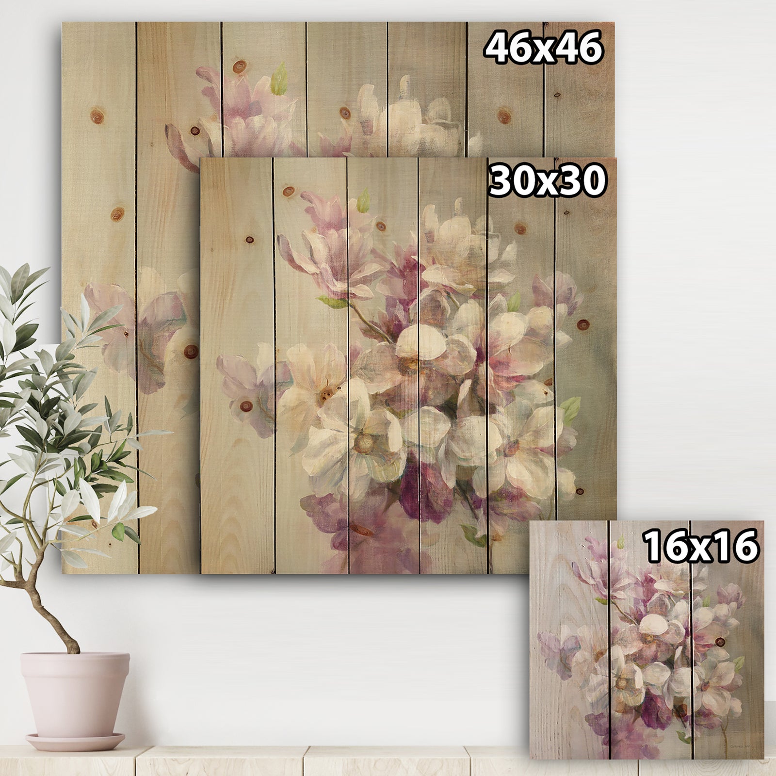 Pink Magnolia Flowers - Shabby Chic Print on Natural Pine Wood