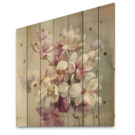 Pink Magnolia Flowers - Shabby Chic Print on Natural Pine Wood