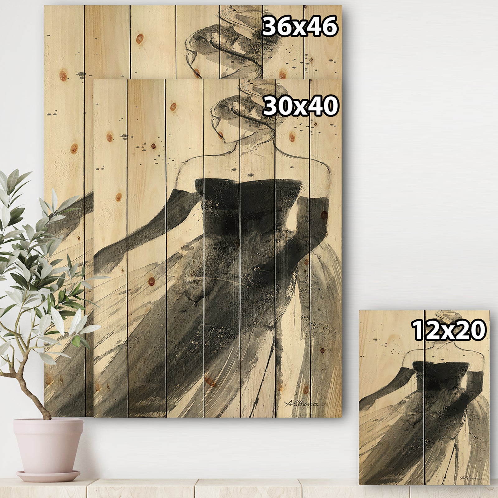 Glam Dancing II - Fashion Figures Print on Natural Pine Wood
