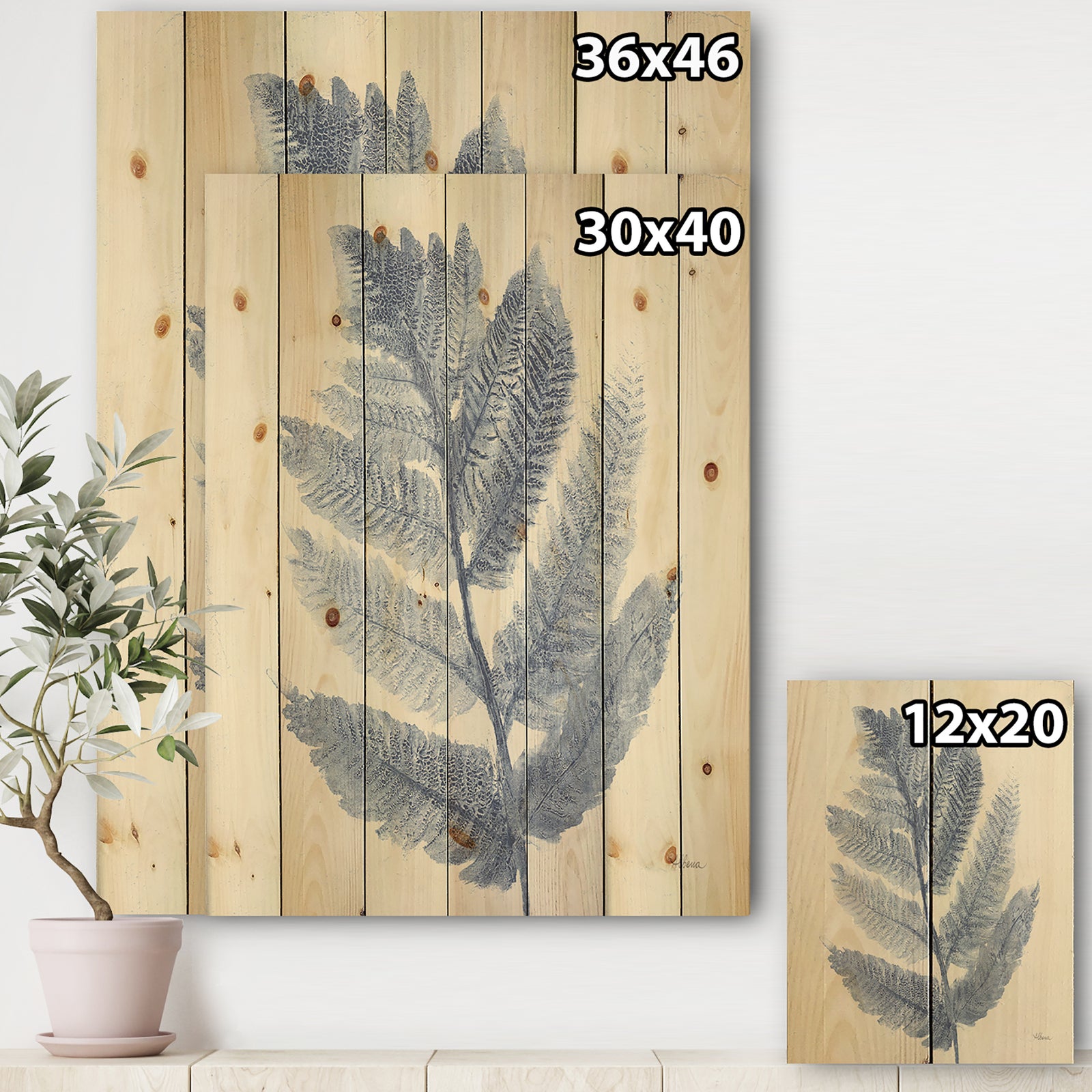Forest Ferns Blue - Cottage Print on Natural Pine Wood