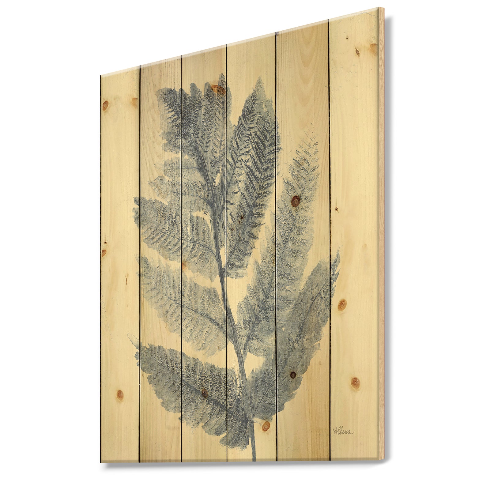 Forest Ferns Blue - Cottage Print on Natural Pine Wood