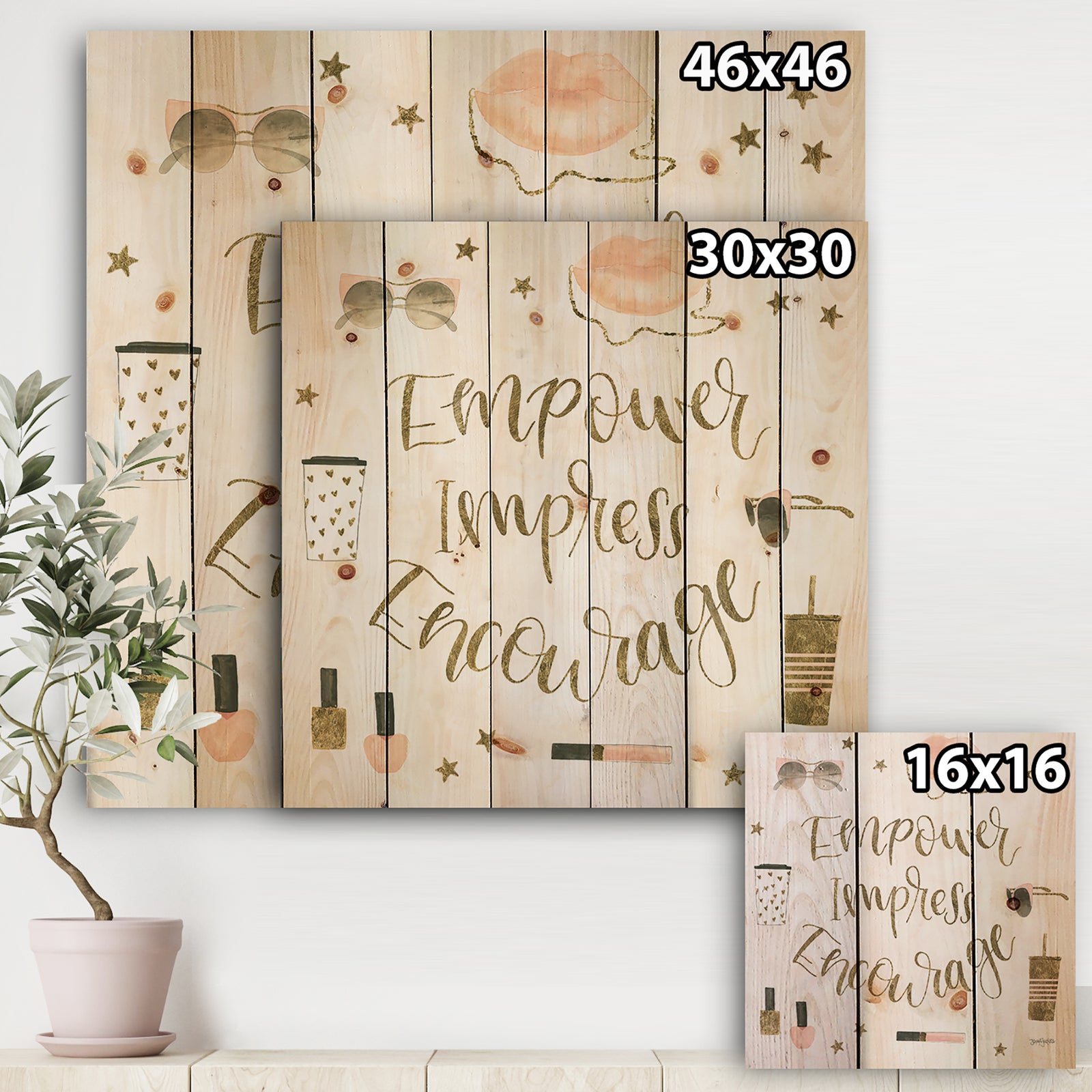 Glam Pink Ladies V - Fashion Print on Natural Pine Wood